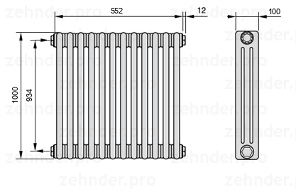 Схема (чертеж) Радиатор Zehnder Charleston 3100/12 №1270 Белый глянцевый RAL 9016